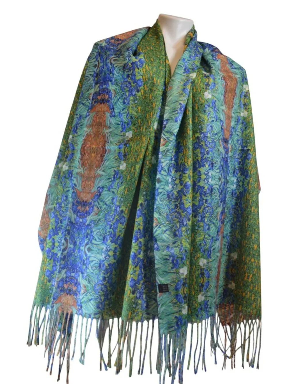 Van Gogh Irises Reversible Scarf Blue Green Fringe 100% Viscose 78x27 New